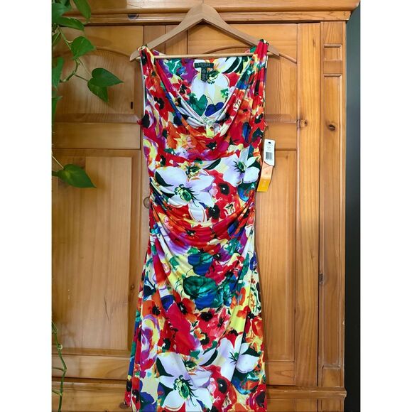 Lauren Ralph Lauren  Faux Wrap Ruched Poppy Floral Jersey Dress SZ 8 NWT - Picture 5 of 15